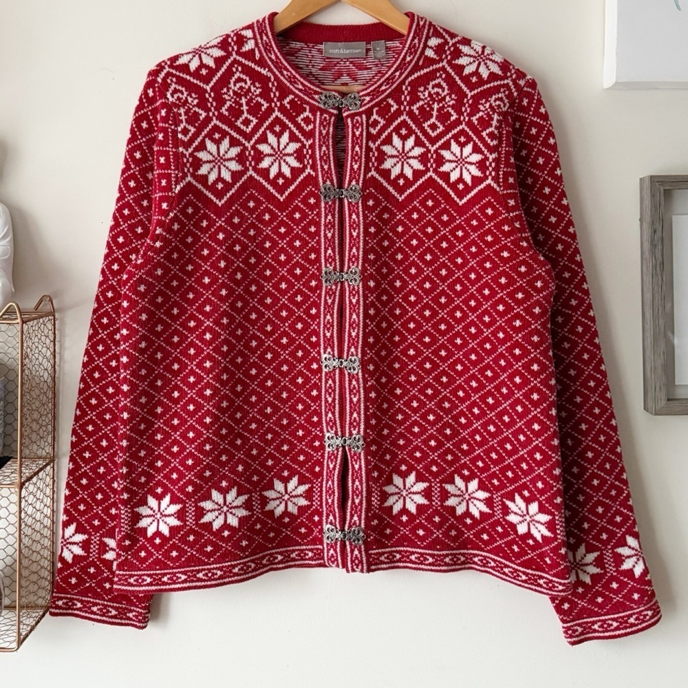 Croft & Barrow Nordic Fair Isle Cardigan Red White Snowflake Sweater 90s Y2K M - Picture 2 of 14